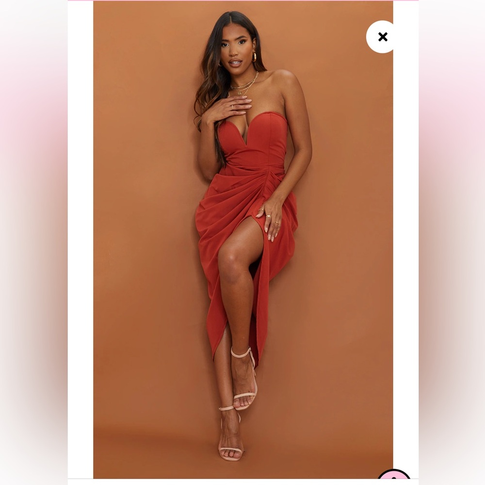 PLT Rust Woven Bandeau V Bar Gathered Hip Midi Dress size 10